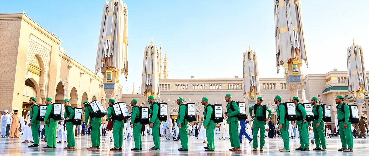 Team of beverage vendors wearing mobile drink dispenser backpacks in a mosque courtyard