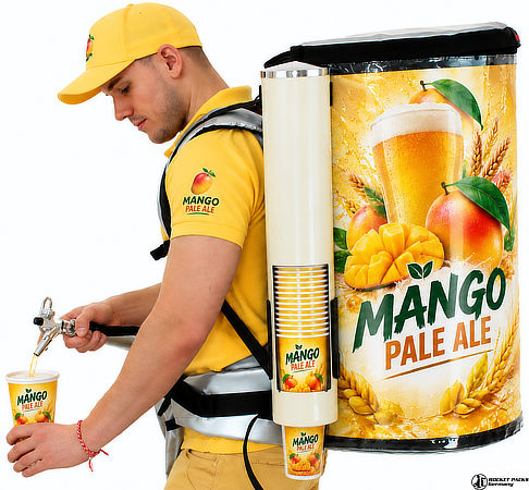 Promoter serving a cold beverage from a custom-branded mango drink backpack with integrated cup dispenser.