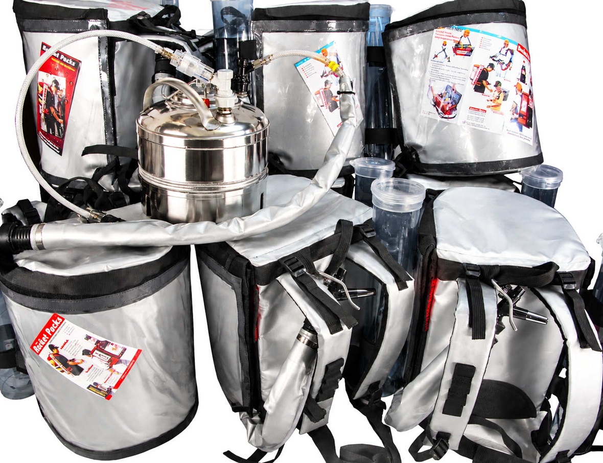 Different RocketPacks mobile beverage backpack systems with dispensing equipment and accessories