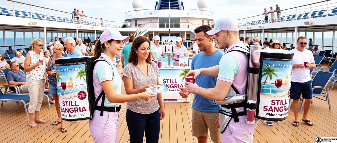 Mobile beverage service with branded backpack drink dispensers on a cruise ship event