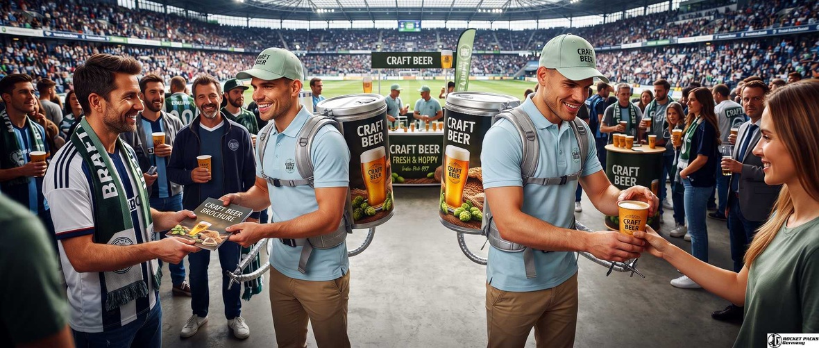 Promoters serving craft beer directly to guests with mobile beverage dispensing systems in a stadium
