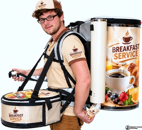 Promoter equipped with a branded coffee backpack and front-mounted vendor tray for mobile breakfast service.