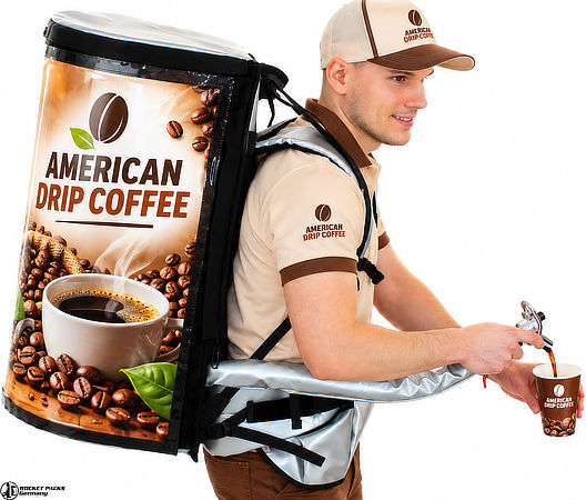 Promoter dispensing coffee from a custom-branded beverage backpack.