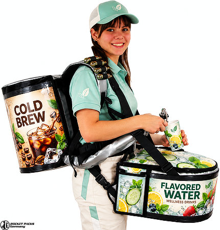 Promoter wearing a mobile dual-container drink dispenser for cold brew and flavored water