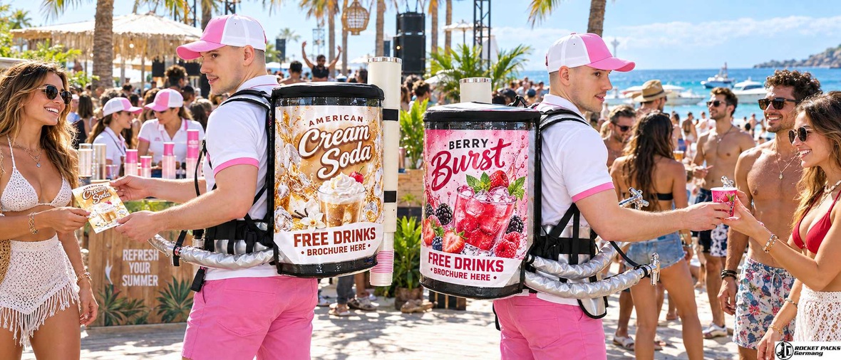 Promoters serving drinks directly to guests at a busy outdoor event