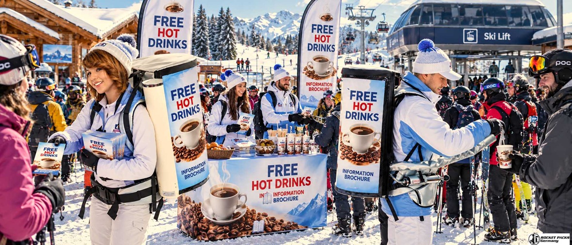 Promoters distributing hot drinks from branded beverage backpacks to skiers at a busy winter sports event.