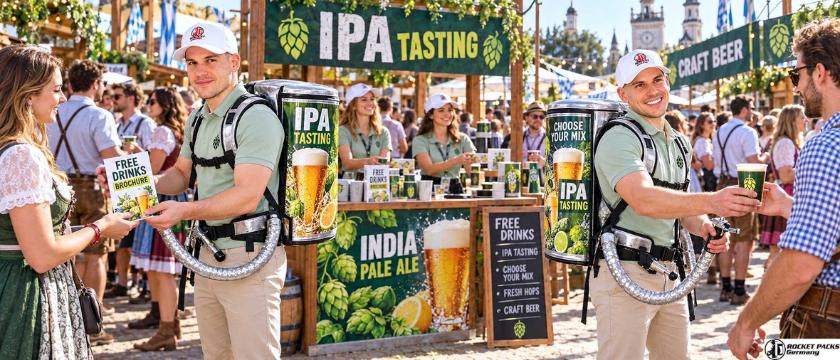 Promoters serving IPA beer and handing out brochures at a busy outdoor beer festival