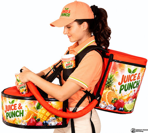 Promoter using a mobile dual-container drink dispenser for juice and punch