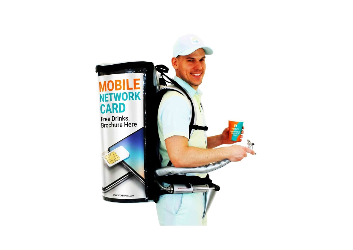 Promoter wearing a branded mobile network promotion and sampling backpack for marketing campaigns