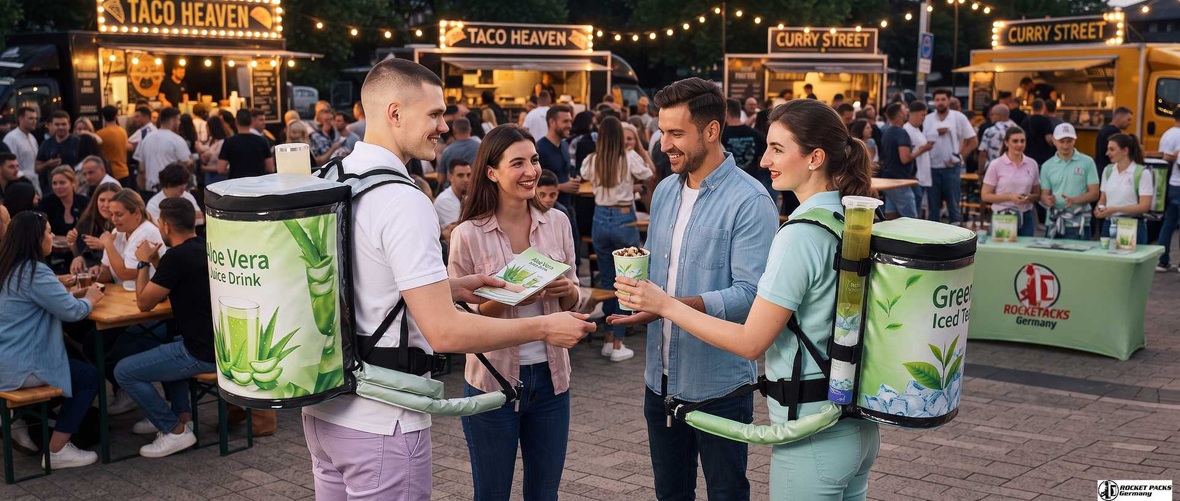 Promoters serving aloe vera and green iced tea drinks directly to guests at a busy outdoor food event