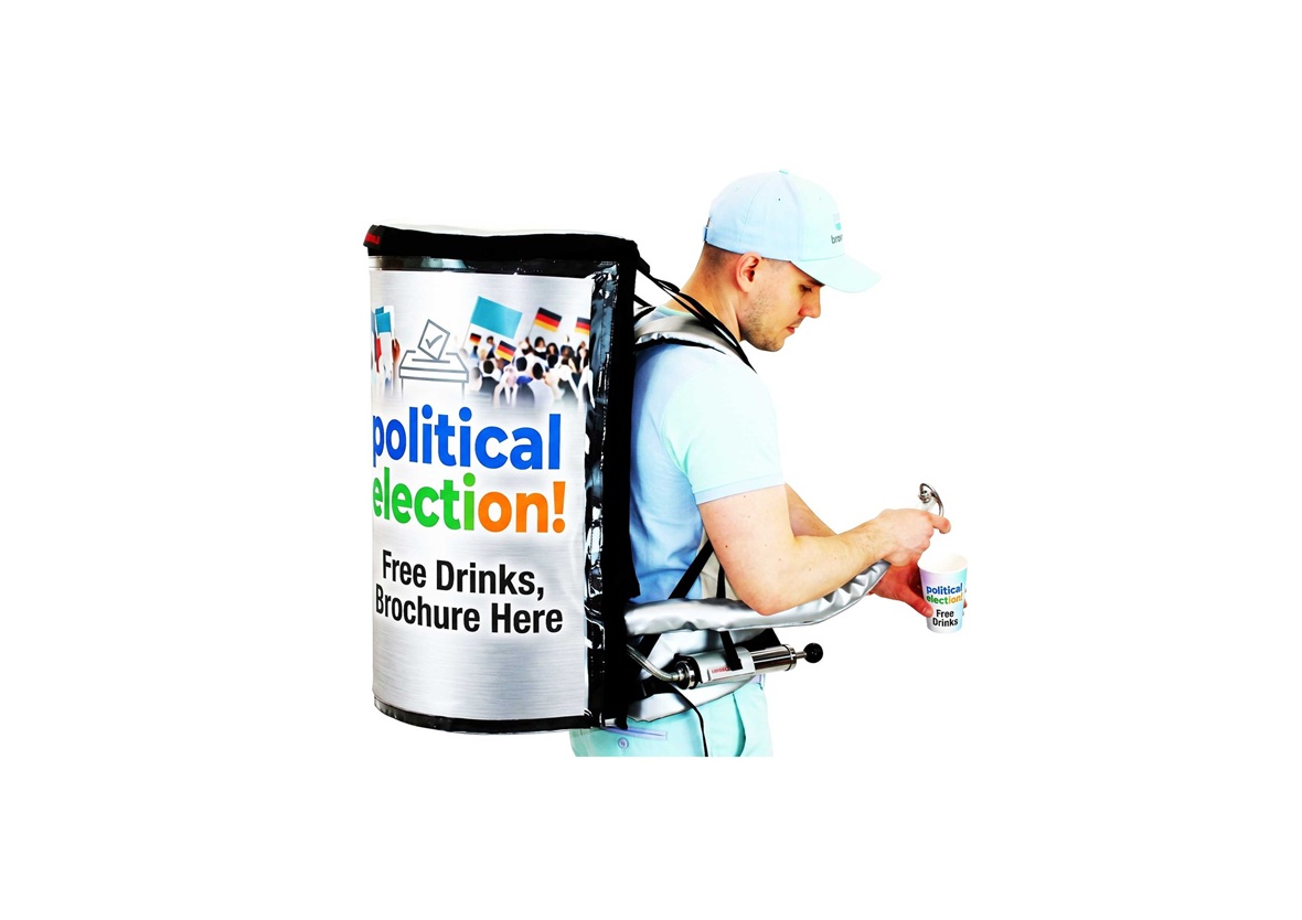 Promoter wearing a branded campaign promotion backpack for public outreach events