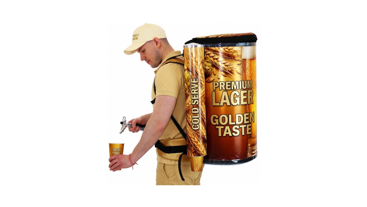 Portable drink dispenser backpack with advertising space for events and promotions
