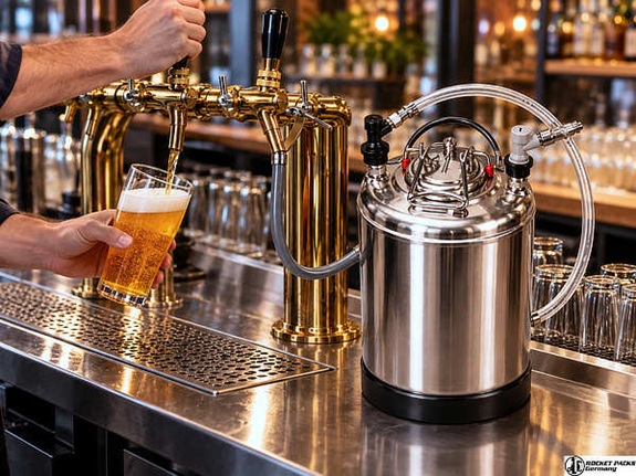 Professional beverage dispensing system with stainless steel tank connected to a bar tap