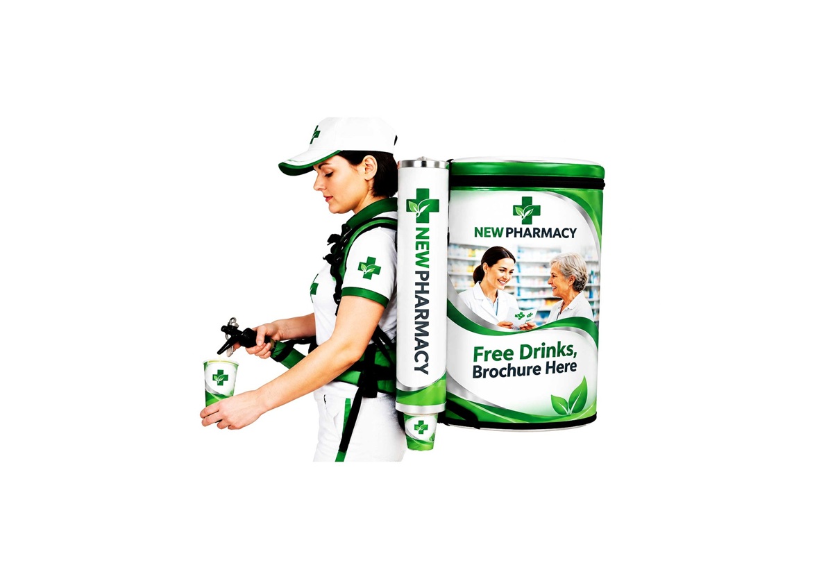 Promotion sampling backpack for mobile street marketing and beverage sampling campaigns