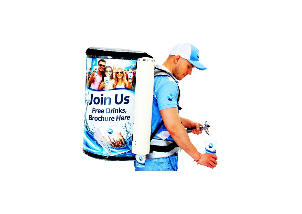 Promoter wearing a branded promotion and sampling backpack for mobile street team campaigns