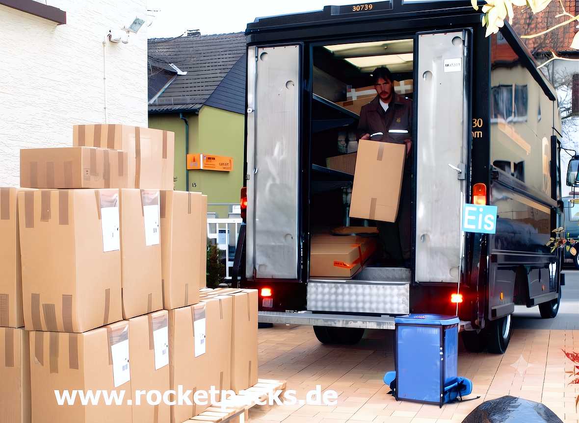 Cardboard boxes being loaded into a delivery vehicle for shipment of Rocketpacks products