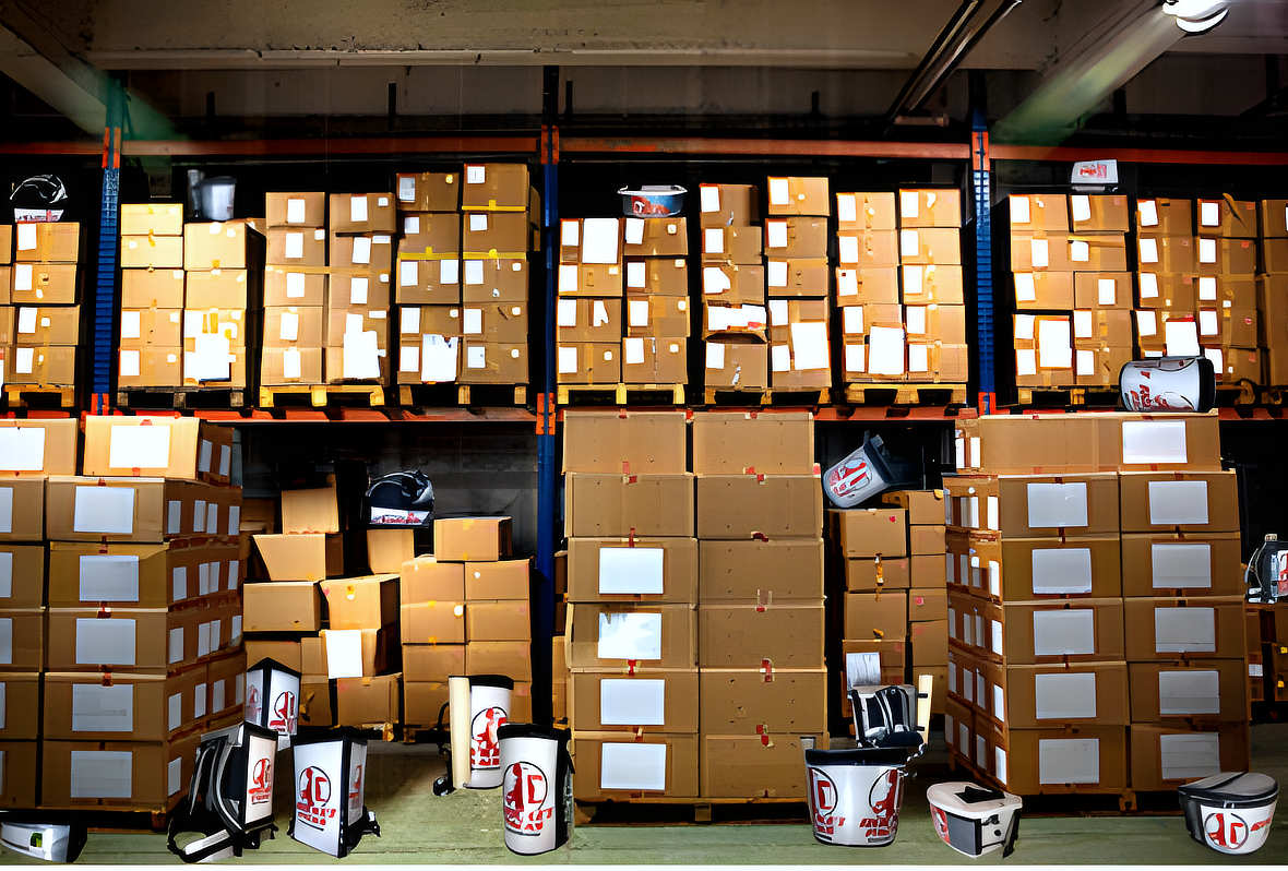 Rocketpacks warehouse stock with packaged beverage backpacks, vendor trays and accessories