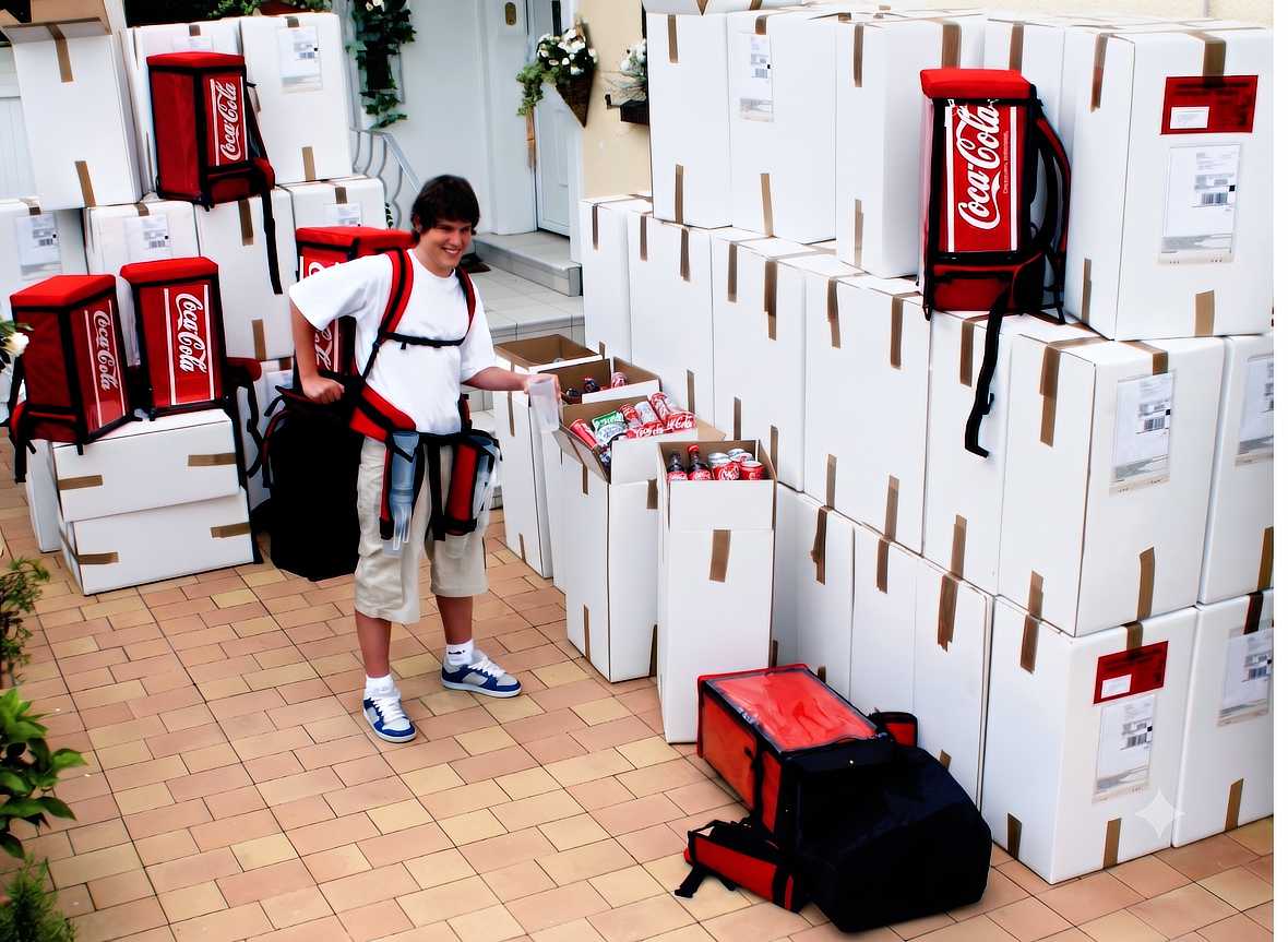 Promotional staff member wearing a Coca-Cola branded beverage backpack beside prepared event equipment