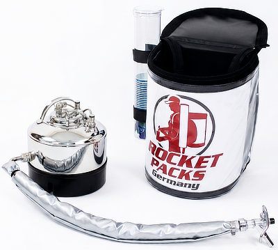 RocketPacks compact stainless steel drink dispenser system with 5L beverage container and mobile serving equipment
