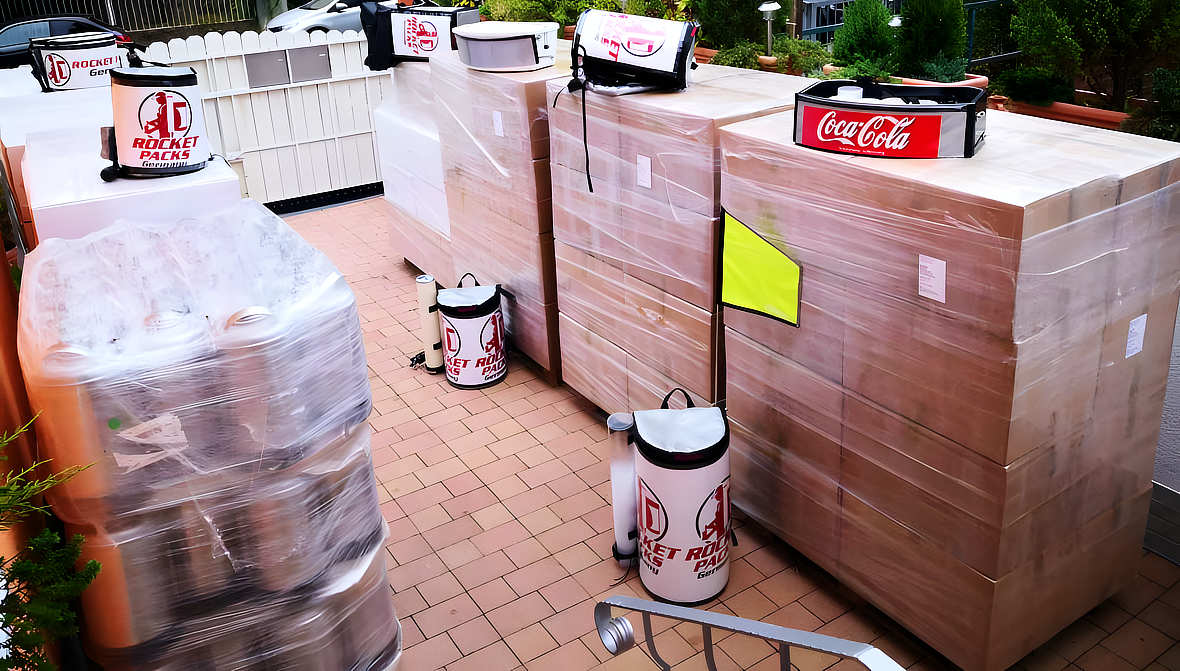Large palletized shipment of Rocketpacks beverage dispensing equipment prepared for transport