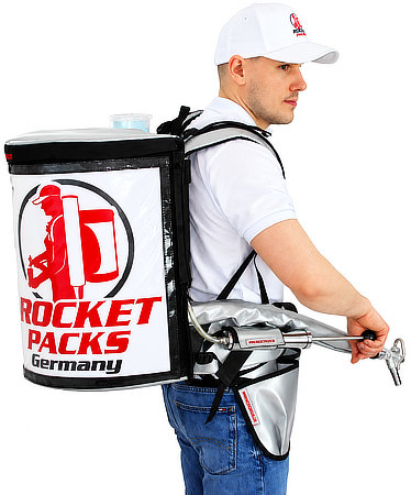Promoter wearing the Rocketpacks Pro 11L insulated beverage backpack with dispensing tap