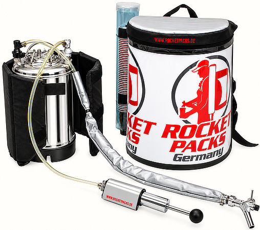 Rocketpacks Pro 11L beverage backpack with stainless steel tank, insulated cover and dispensing tap