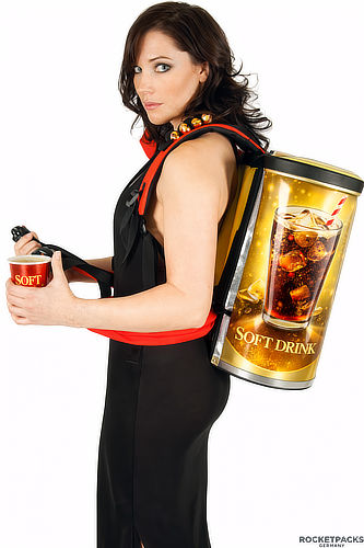 RocketPacks professional softdrink backpack dispenser with thermal insulation for mobile beverage service.