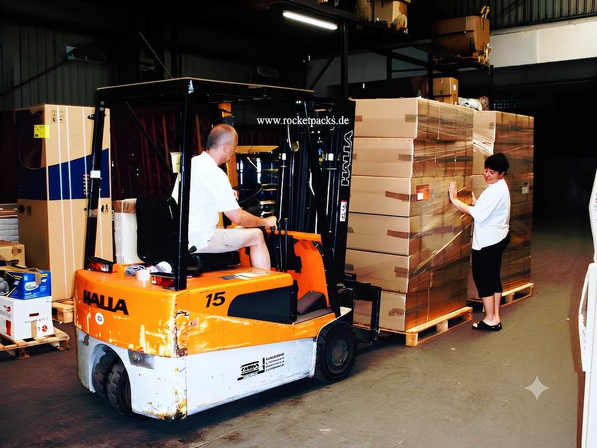 Forklift loading a pallet of packaged goods in the Rocketpacks warehouse
