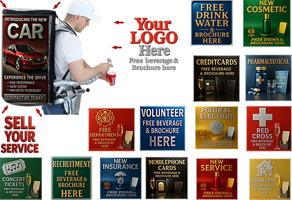 Sampling promoter wearing a Rocketpacks beverage backpack, pouring drinks into cups for event attendees.