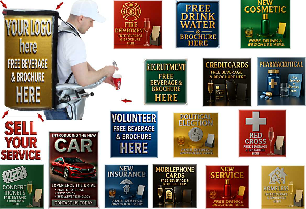 Sampling promoter wearing a Rocketpacks beverage backpack, pouring drinks into cups for event attendees.