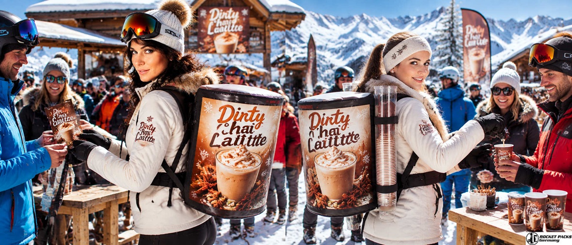 Mobile beverage backpack promotion serving hot drinks at a winter ski resort event