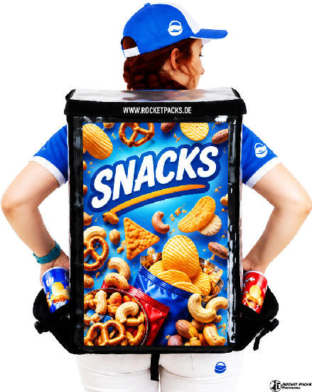 Promoter wearing a RocketPacks TwinPack vending backpack with customized snack branding for distributing packaged snacks at events.