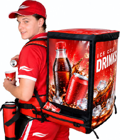 Promoter wearing a RocketPacks TwinPack vending backpack for mobile distribution of bottled and canned soft drinks.