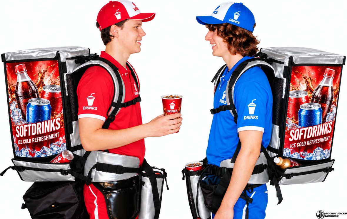 Two promoters wearing silver RocketPacks TwinPack vending backpacks with customized soft drink branding for mobile distribution of cans and bottles.