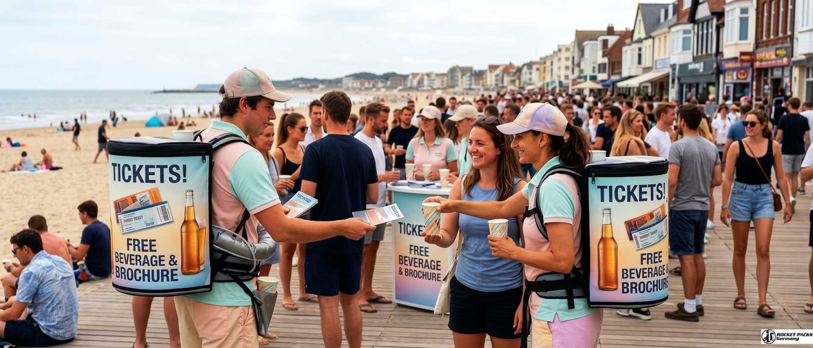 Promoters using sampling backpacks to distribute beverages, tickets and brochures during a street promotion