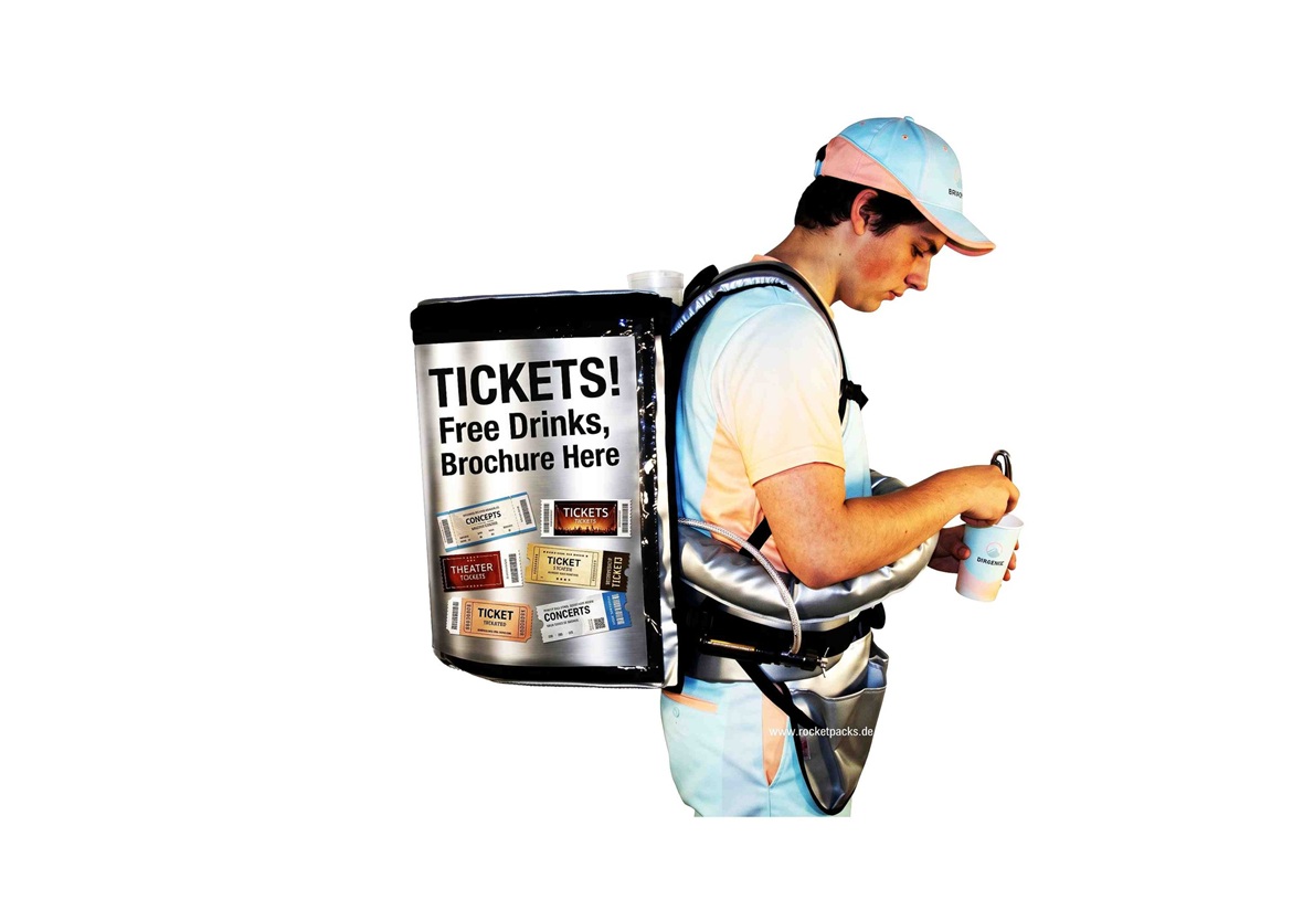 Promoter wearing a branded ticket sales promotion backpack for mobile event marketing