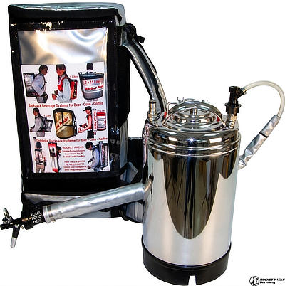 RocketPacks vending backpack configured with an external stainless steel beverage tank, dispensing hose and tap for mobile beverage service.