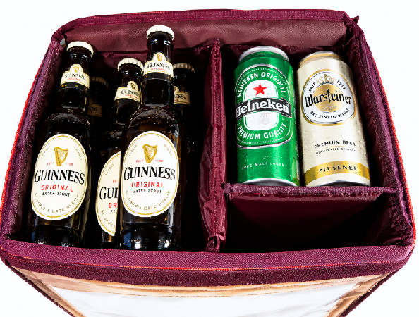 Top view of the RocketPacks TwinPack showing two separate insulated compartments filled with beer bottles and beverage cans.