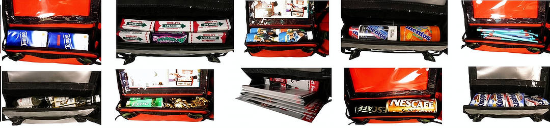 Examples of RocketPacks TwinPack storage compartments filled with various packaged beverages, snacks and promotional products.